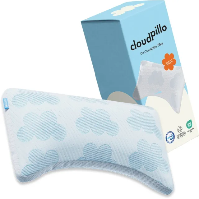 Cloudpillo Hoofdkussen - Plus - Verstelbaar Memory Foam Kussen 60×70 cm - Ergonomisch & Ademend - Nekkussen voor Zij- en Rugslapers - Oeko-Tex & CertiPUR Gecertificeerd Wit/Blauw