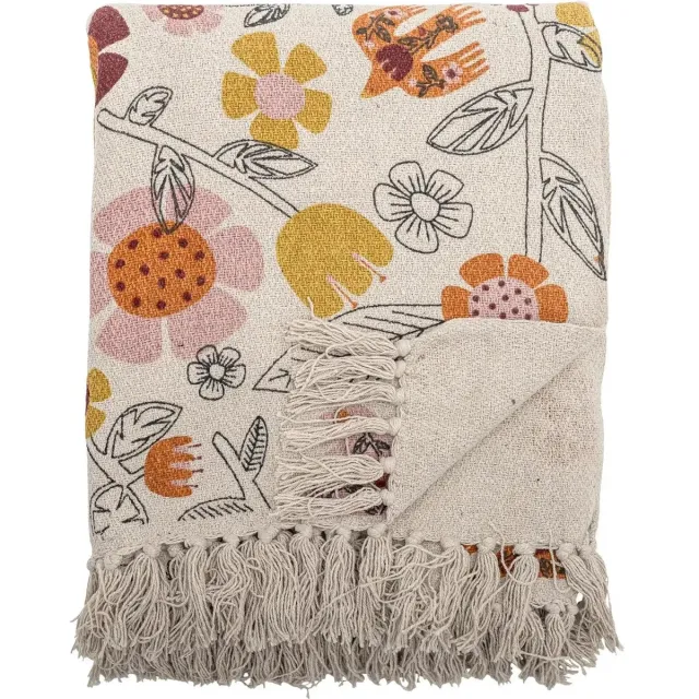 Bloomingville Plaid Vivielle - Gerecycled Katoen - 160x130cm - Beige Bloemenprint