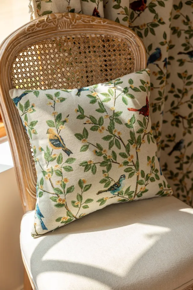 Floraweg Decoratieve kussenhoes van geweven polyester in vintage botanische stijl met vogelmotief groen