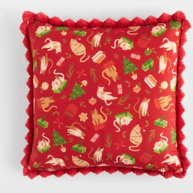 home&you Miaoumas Sierkussenhoes 45x45 cm - Feestelijk Rood met Pompons