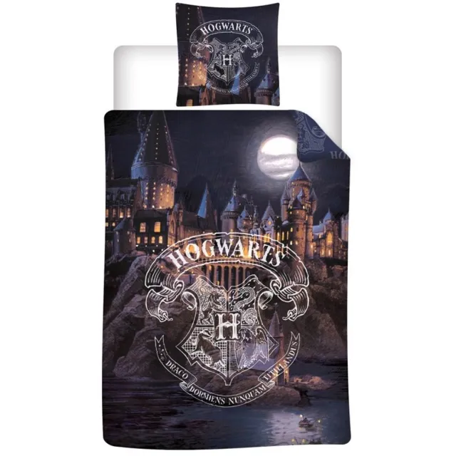 Harry Potter Dekbedovertrek Zweinstein bij Nacht - 140 x 200 cm - 65 x 65 cm - Polykatoen Blauw