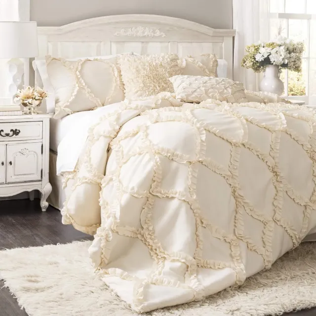 JGS Luxe Dekbedovertrekset met Ruches, 3-Delig, Tweepersoonsbed, Romantische Boerderij Stijl, Ivoorkleurig beige
