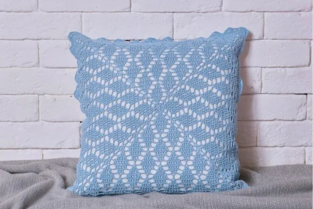 NATALIA- Tekstylia Domowe Blauwe gehaakte kussenhoes 40x40 cm met katoenen voering en ritssluiting