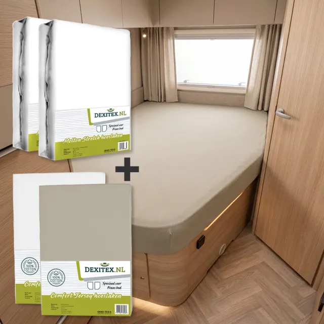 dexitex Textielpakket Frans bed/ 2 x Molton/ 2 Hoeslakens ( 1 Wit + 1 Zand ) /RECHTS geschikt voor Caravan en Camper 2 x molton + 2 hoeslakens ( 1 wit + 1 zandkleur)