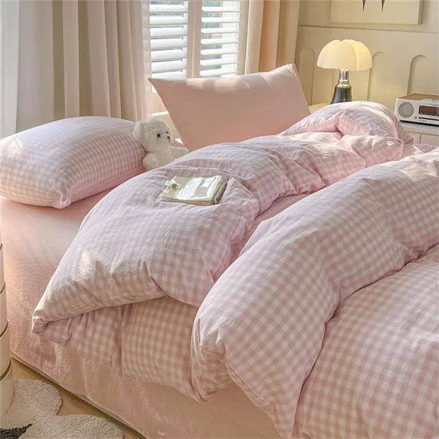 Unyqoos Roze geruite kinderbeddengoedset van microvezel met ritssluiting