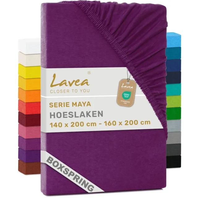 lavea Hoeslaken 140-160x200cm 100% Katoen – Hoge Hoek 35 cm voor Dikke Matrassen – met Elastiek Rondom in Jersey – voor Boxspring – Lila
