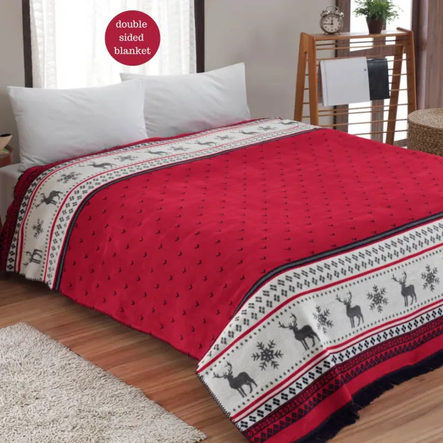 Trimita Winter kerstdeken - katoenmix - 200 x 220 cm - dubbelzijdig - rood en marineblauw