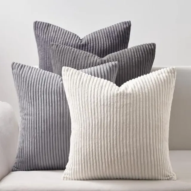 PromoHome Kussenhoezen Set van 4 Stuks - 50x50 cm Corduroy Materiaal - Grijs Gradiënt Kleurverloop - Decoratieve Kussenslopen voor Woonkamer, Slaapkamer en Tuin - Wasbaar en Milieuvriendelijk