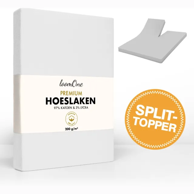 Loom One Premium Splittopper Hoeslaken – 97% Jersey Katoen / 3% Lycra – 200x200 cm – tot 10cm matrasdikte– 200 g/m² – Wit
