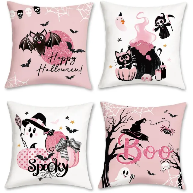 Ibenzoa Decoratieve Halloween Kussenslopen Set van 4 met Pompoen en Spook Ontwerpen in Roze