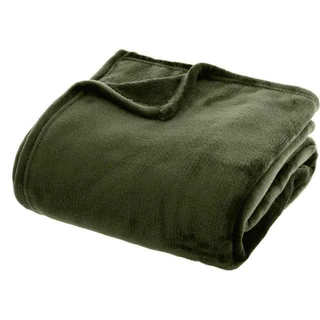 Atmosphera Plaid effen flanel fleece deken - 180x230 cm - Kaki Groen