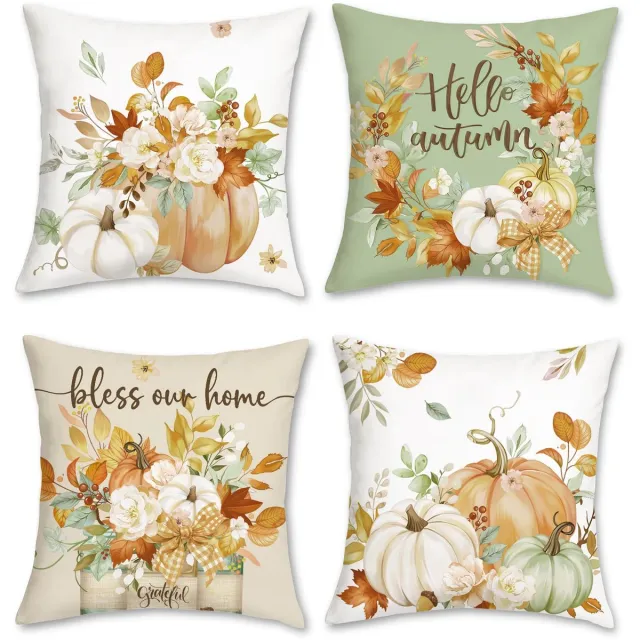 Ibenzoa Set van 4 decoratieve kussenhoezen met herfstthema, pompoen- en bloemendesign, 45 x 45 cm, zacht en comfortabel groen