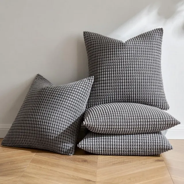 Famanu Set van 4 stuks corduroy kussenslopen ribfluweel gestreept 50 x 50 cm donkergrijs