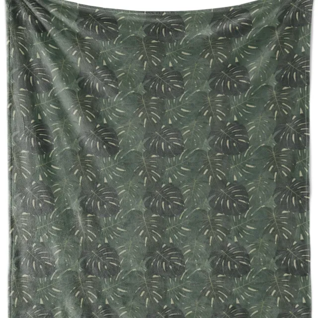 ABAKUHAUS Tropische zachte flanellen fleece deken, exotische kunstmatige monsterabladeren, knusse pluche plaid, 175 x 230 cm, grijs/reseda groen Hemelsblauw Vermiljoen