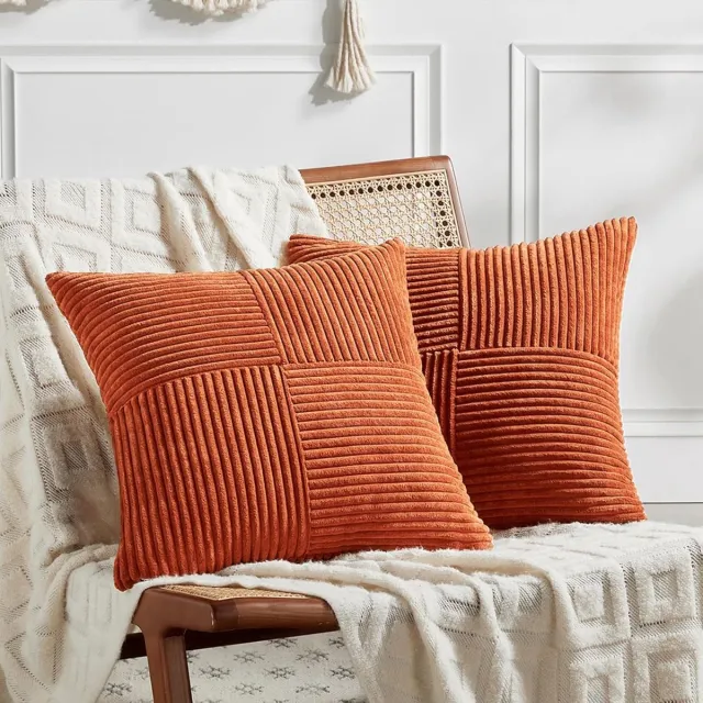 Famanu Boho corduroy kussenhoezen 45x45 cm karamel set 2, kruismotief knuffelig zacht, decoratief voor bank stoel bed