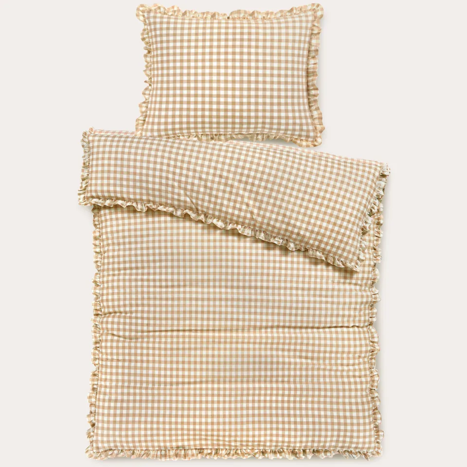 NOUS Kids katoenen geruite ruffle kinderdekbedovertrek 120x150 cm - beige, foto 3