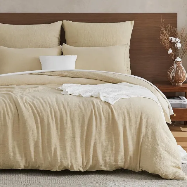 Famanu Musline beddengoedset van 100% katoen, 200x200 cm, met ritssluiting, inclusief 2 kussenslopen, beige Neutraal