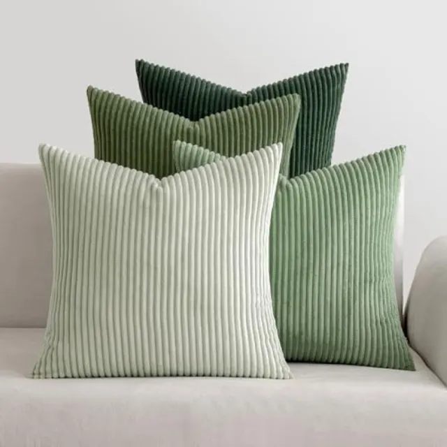 PromoHome Set van 4 Fluweelzachte Kussenslopen 40x40 cm - Decoratieve Kussenhoezen met Rits - Strepen Design - Bosgroen voor Bank, Bank, Stoel of Bed