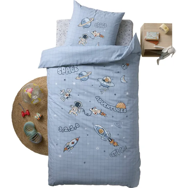 vertbaudet Set met dekbedovertrek + kussensloop voor kinderen INTERGALACTIC, met gerecycled katoen Blauw Bedrukt