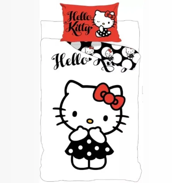 Hello Kitty jurk Dekbedovertrek 140 X 200 cm - 70x90 cm - katoen Zwart/Wit