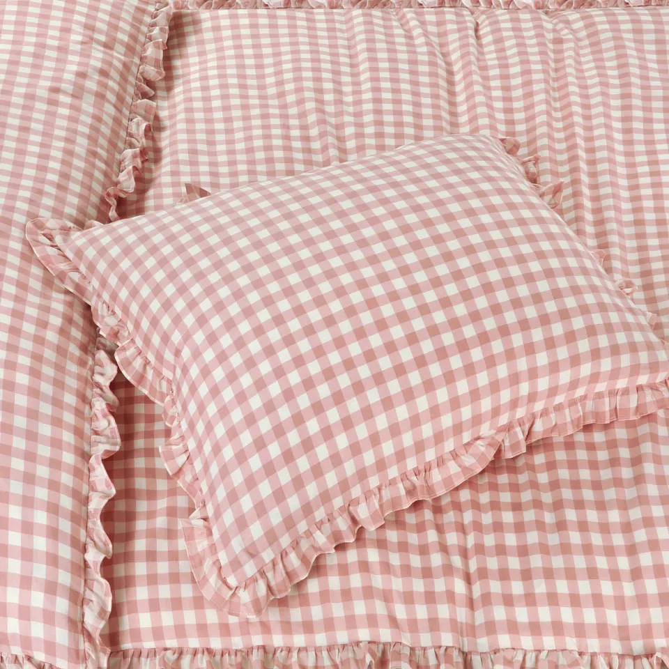 NOUS Living katoenen geruite ruffle 2-persoons dekbedovertrek 200x220 cm - roze, foto 4