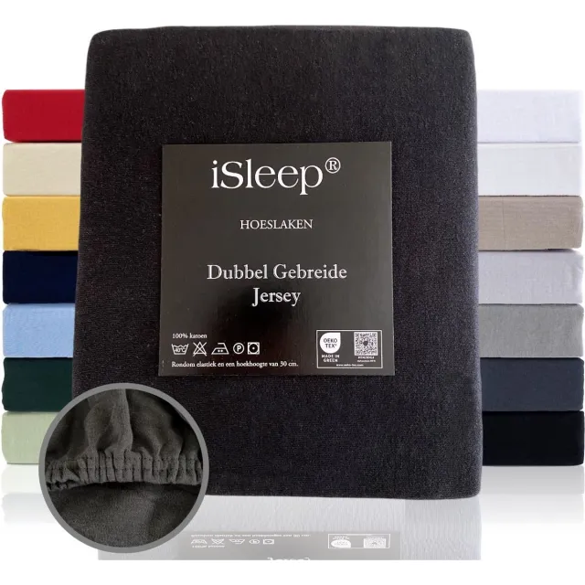 iSleep Dubbel Gebreide Jersey Hoeslaken - Hoge Hoek - Rondom Elastiek - Litsjumeaux - 160/180x200 cm - Zwart