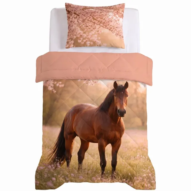 Bedsupplies Lazy Kinderdekbed - Wasbaar Dekbed - 140x200cm - Paard - Roze/Bruin