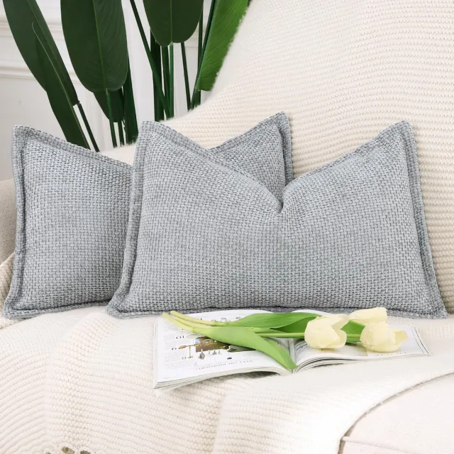 Unyqoos ® Set van 2 Luxe Chenille en Fluweel Decoratieve Kussenhoezen met Stijlvolle Rand voor Bank en Slaapkamer grijs