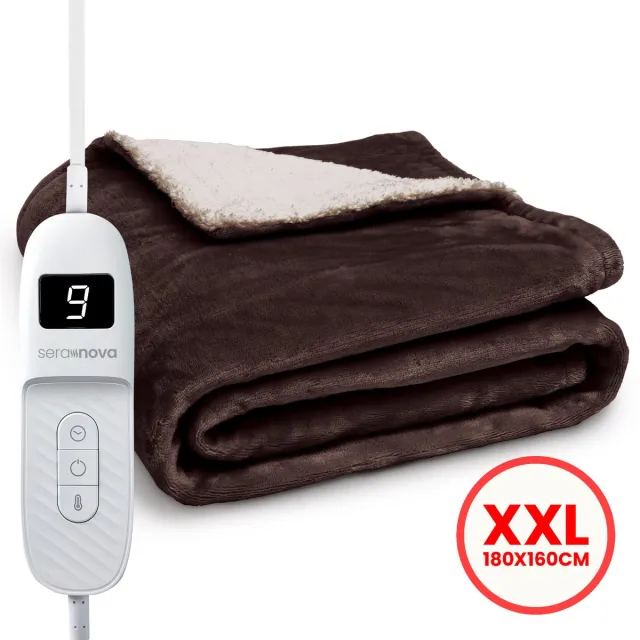 Seranova Elektrische Deken XXL - 180x160 cm - 2 persoons Bovendeken - Warmtedeken - Dubbelzijdig - Fleece Sherpa - Kastanjebruin Bruin (Mokkabruin)