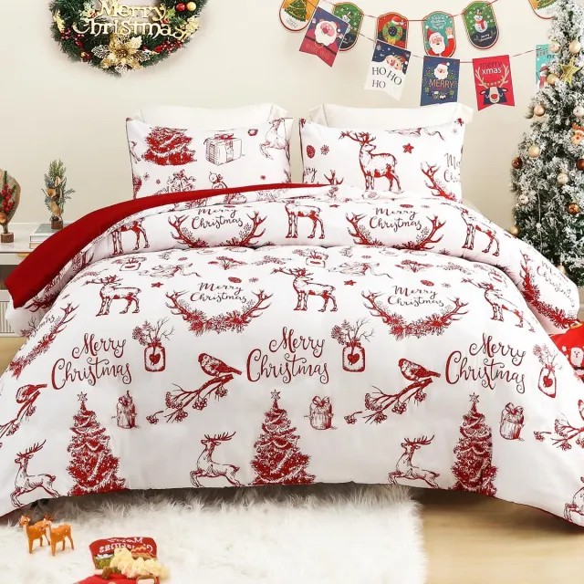 Unyqoos Warme tweepersoons dekbedset met kerstmotieven en kussenhoezen wit rood