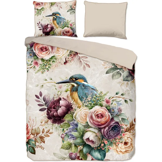 Descanso dekbedovertrek bloemen en vogels - 2 persoons 200x200/220 cm - Zand - 100% Katoen satijn Sand