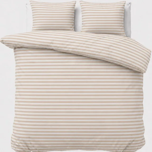 SLEEPIO Soft Cotton Dekbedovertrekset 3-delig – Inclusief Laken – 1 Kussensloop – 100% Katoen – Beige/Wit Gestreept