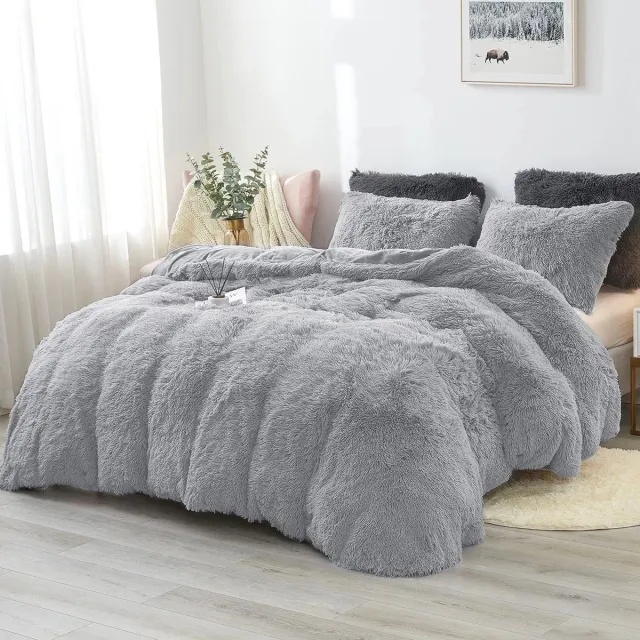 LUCKICE Beddengoedset Pluche Beddengoed 155x220cm Extra Zachte Imitatiebont Flanellen Biber Dekbedovertrek met Kussensloop 80x80cm en Ritssluiting Lichtgrijs