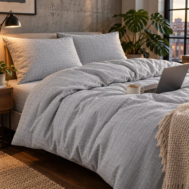 Maison Elara Dekbedovertrek Set 4-delig - 240x220 cm - incl. Hoeslaken 180x200x30 cm & 2 Kussenslopen 60x70 cm - Microvezel met Streepstructuur - Lichtgrijs