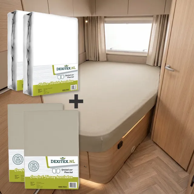 dexitex Textielpakket Frans bed/ 2 x Molton/ 2 x Zandkleur Hoeslakens /RECHTS geschikt voor Caravan en Camper 2 x molton + 2 hoeslakens zandkleur