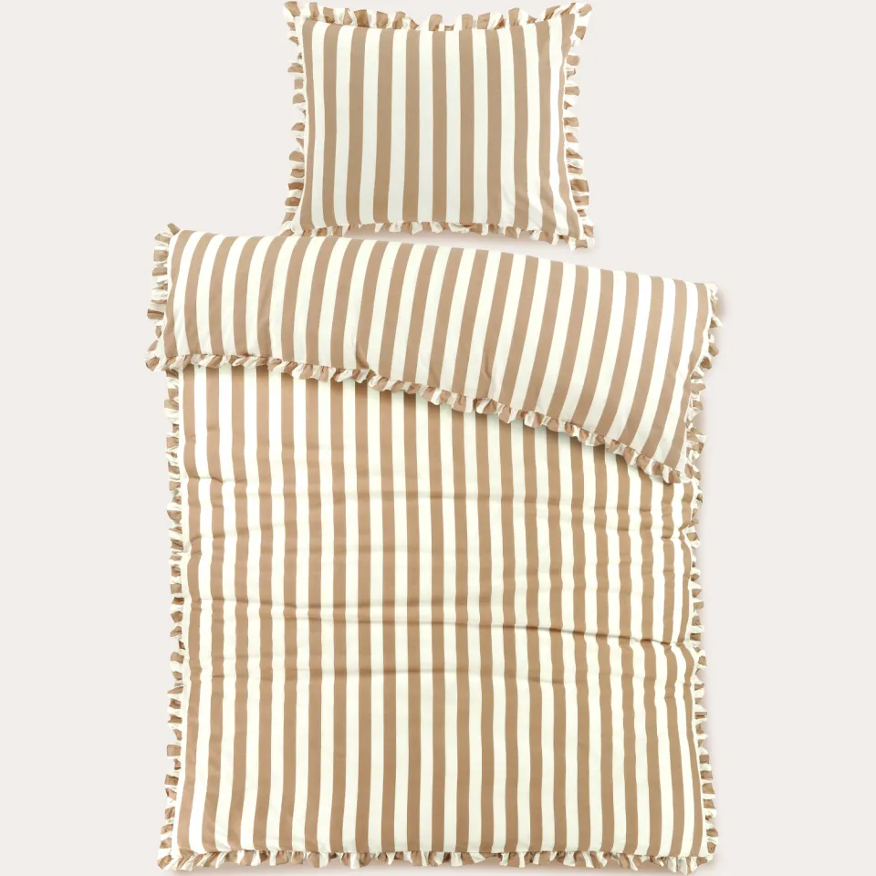 NOUS Living katoenen dekbedovertrek gestreept ruffle beige, foto 3