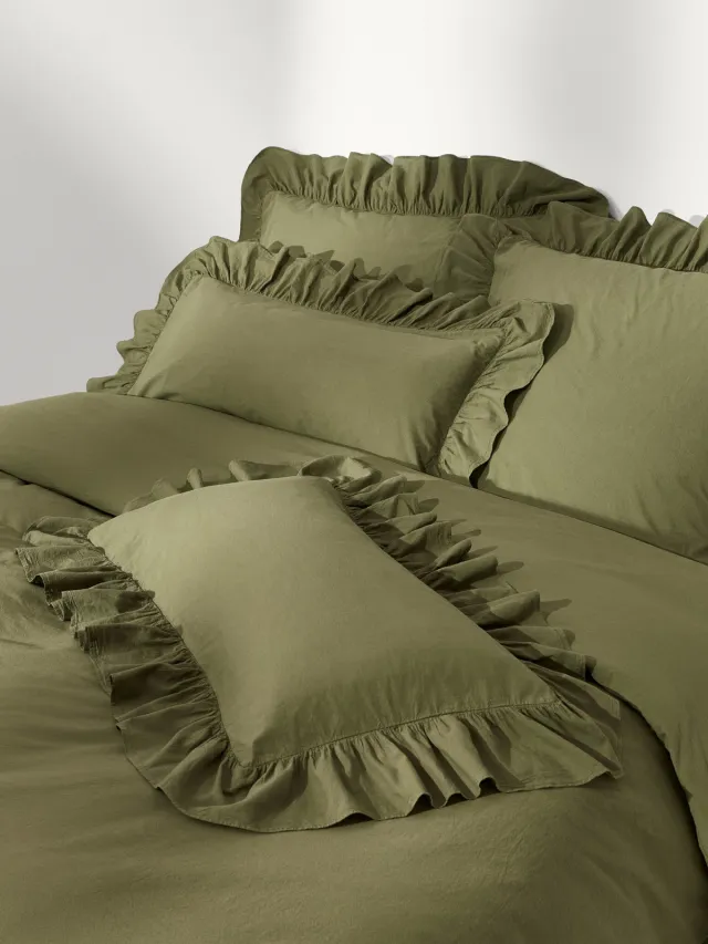 Westwing Collection Gewassen katoenen perkal dekbedovertrek Louane met ruches Groen
