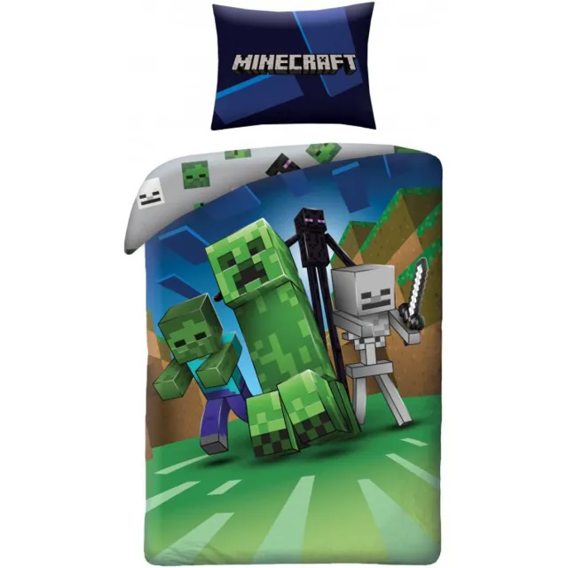 Minecraft Dekbedovertrek Nacht - Eenpersoons - 140 x 200 cm - Katoen Groen / Grijs