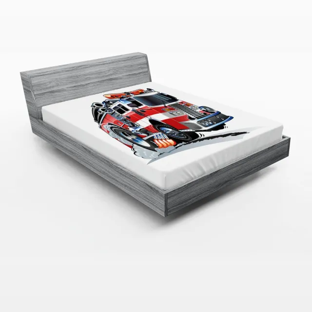 ABAKUHAUS Hoeslaken met vrachtwagenmotief, brandweerwagen, zachte decoratieve stof met elastische band, 140 x 200 cm, babyblauw scharlakenrood Baby Blue Scarlet