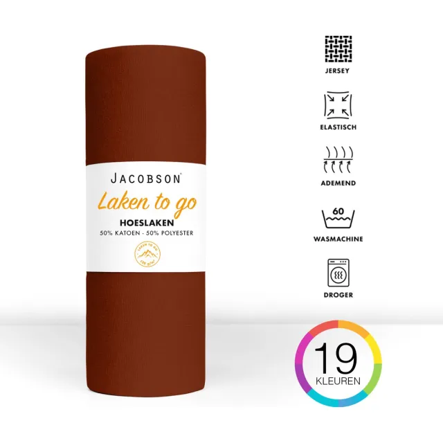 JACOBSON Hoeslaken - 130x200cm - Jersey Katoen - tot 23cm matrasdikte - Bruin