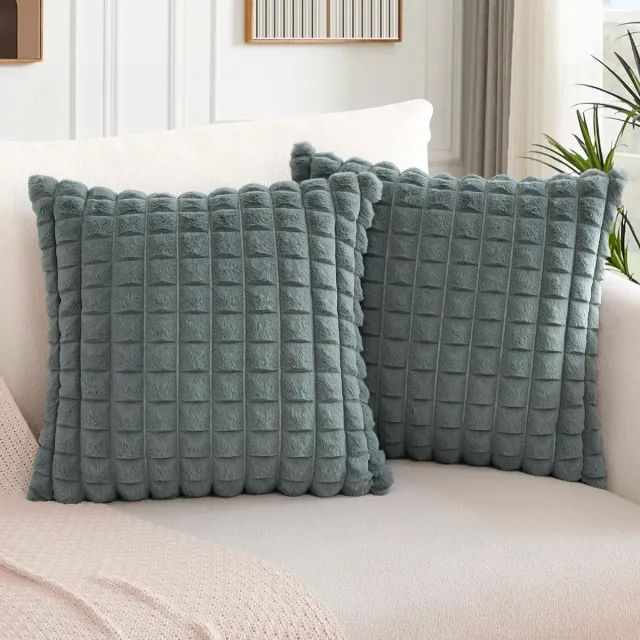 Cosensi Pluche fluwelen kussenslopen set van 2 - Kunstbont met plaid textuur - Sierkussenovertrekken voor bank en slaapkamer - Grijs 60 x 60 cm Any