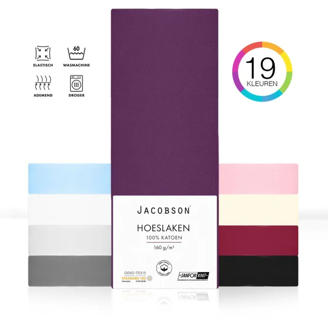 JACOBSON PREMIUM - Jersey Hoeslaken - 160x200cm - 100% Katoen - tot 23cm matrasdikte - Paars