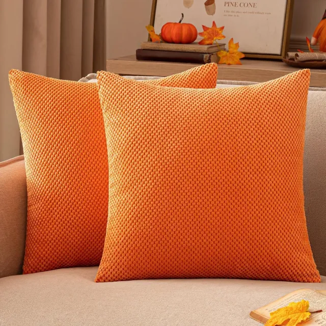 Famanu Set van 2 stuks corduroy kussenhoezen ribfluweel met pellets 45 x 45 cm oranje