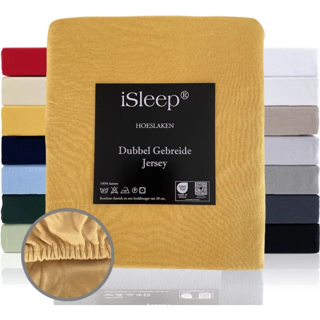 iSleep Dubbel Gebreide Jersey Hoeslaken - Hoge Hoek - Rondom Elastiek - Eenpersoons - 80/90x200 cm - Oker Geel