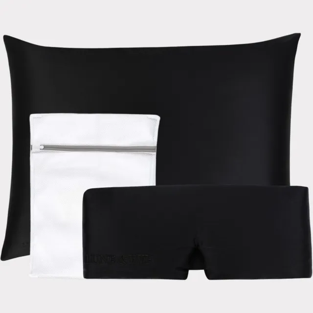 Lune & Eve® Beauty Sleep Set – Zwart – Luxe Zijden Kussensloop, Slaapmasker & Waszakje – 23 Momme Mulberry Silk – Hypoallergeen & Verzorgend voor Huid, Haar & Slaapkwaliteit