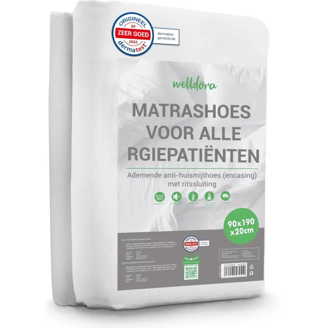 Welldora Premium Anti-Allergie Matrashoes 90x190x20 cm met Rits | Getest Encasing Tegen Huisstofmijt | Oeko-Tex Gecertificeerd | Matras Hoes Wasbaar tot 95°C | Voor Allergieën en gevoelige Huid | Anti-Mijt Beddengoed voor Matrasbescherming Wit