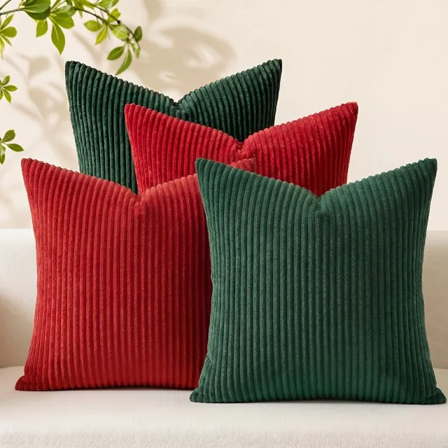SNQ Sierkussen – 4 Stuks – Sierkussenhoezen – 45x45 cm – Corduroy – Modern Dubbelzijdig Ontwerp – Rood en groen – kerstkleurenschema – Voor Boho en Farmhouse Herfstdecoratie