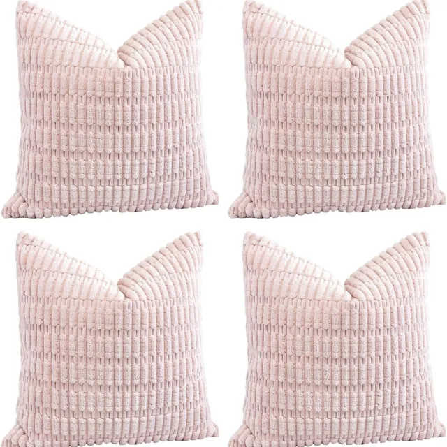 Famanu Corduroy ribfluweel kussenhoezen set van 4 (45x45 cm) – zachte decoratieve sierkussenhoezen – roze – bank/slaapkamer
