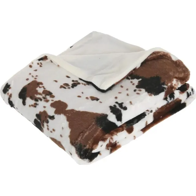 Atmosphera Fleece deken/fleeceplaid - wit/bruin - koeienprint - 130 x 160 cm - polyester - Bankdeken - Fleece deken - Fleece plaid