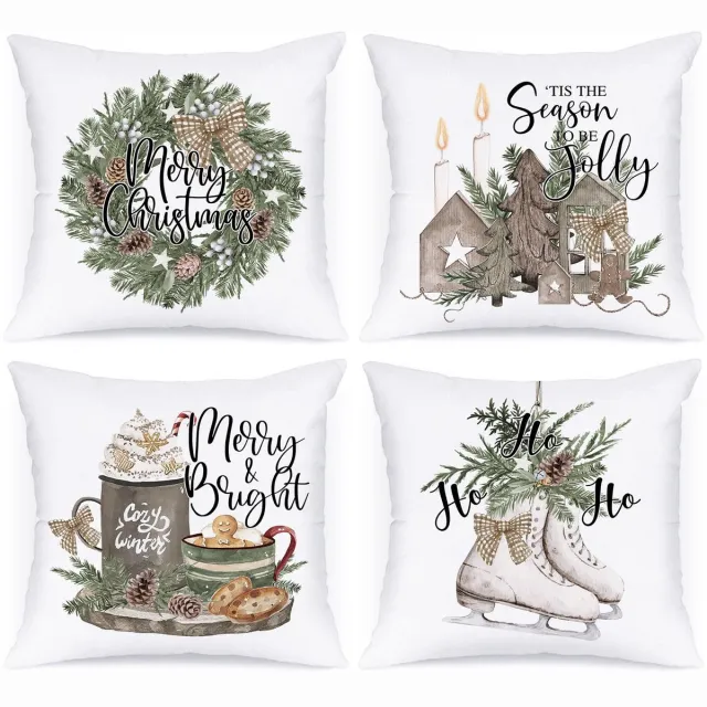 Unyqoos Set van 4 decoratieve kussenslopen met kerstdesign voor sfeervolle winterdecoratie wit